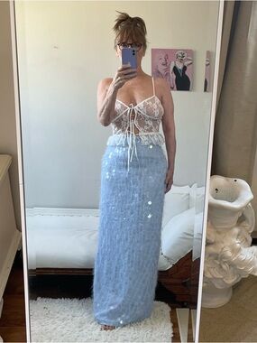 NWT KYLEIGH PEPPERMAYO BLUE LAVENDER MIST MAXI SKIRT CLEAR SEQUINS SLIT TEXTURED